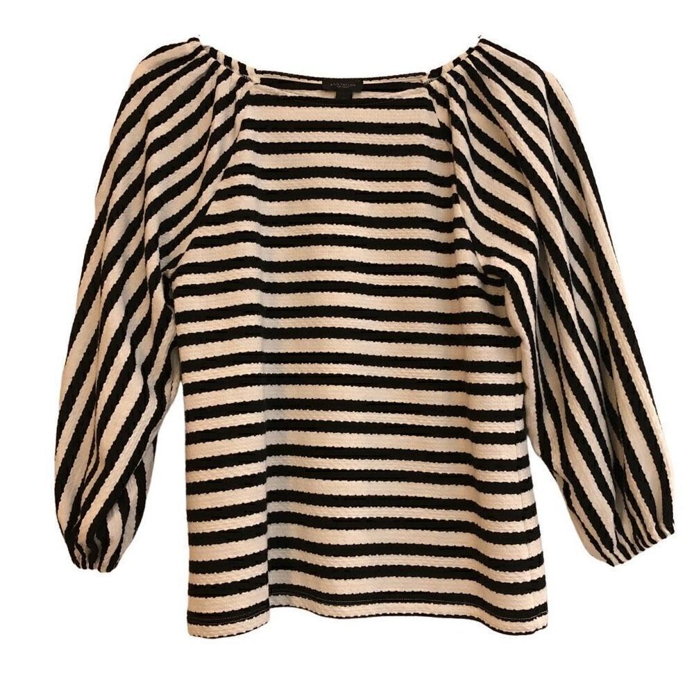 Ann Taylor Factory White Blouse Black Stripes Off The Shoulder XS